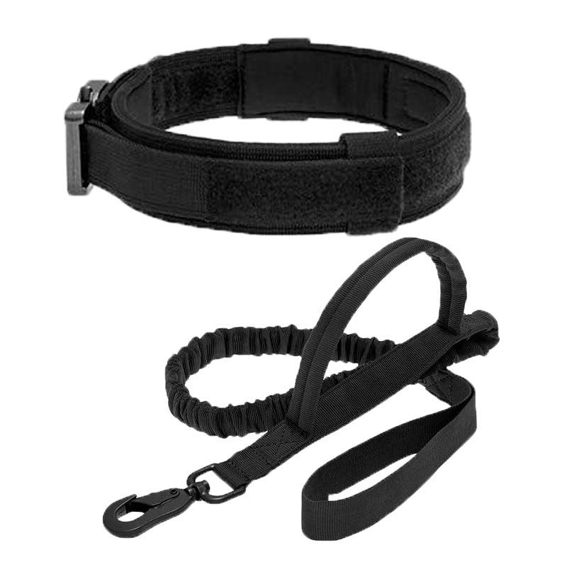 Adjustable Military Dog Collar with matching leash, black nylon webbing and hook-and-loop panels with a stretch section