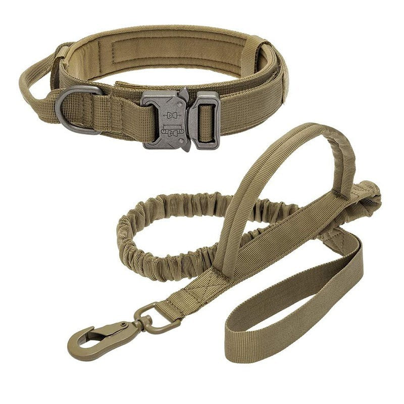Adjustable Military Dog Collar in khaki nylon with a quick-release buckle, padded lining and matching elastic leash