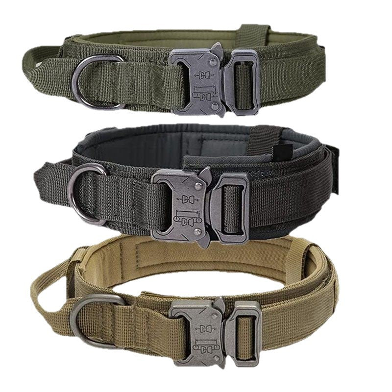 Adjustable Military Dog Collar set in olive green, black and khaki nylon, with metal rings and quick-release buckles