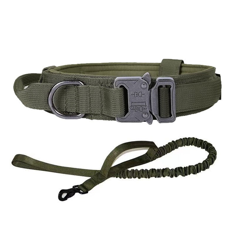 Adjustable Military Dog Collar in olive green nylon with a dark quick-release buckle, metal D-ring, and matching elastic leash