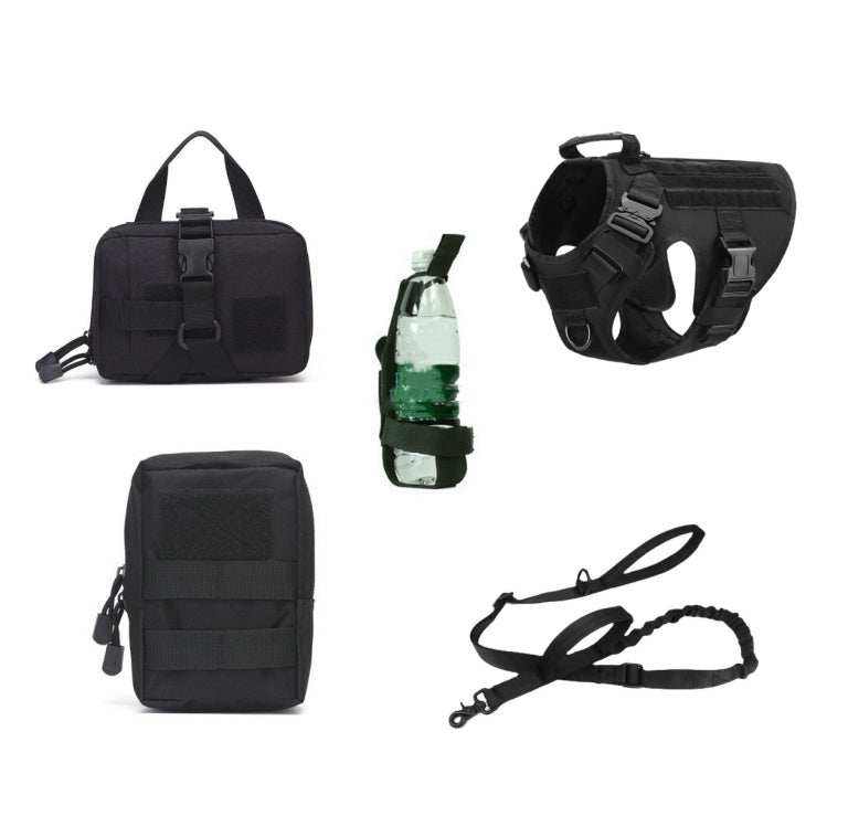 Adjustable Training Dog Harness set in black polyester, including a padded vest, leash, utility pouches, and green bottle holder
