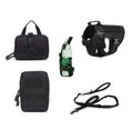 Adjustable Training Dog Harness set in black polyester, including a padded vest, leash, utility pouches, and green bottle holder