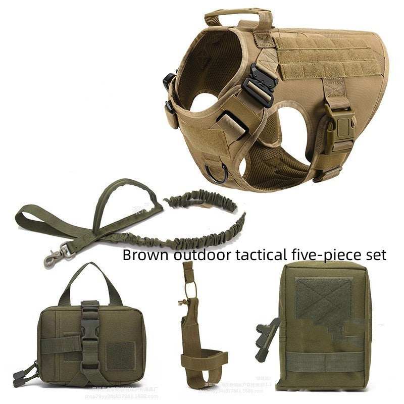 Adjustable Training Dog Harness set in tan brown polyester, with tactical webbing, buckles, top handle, leash and pouches