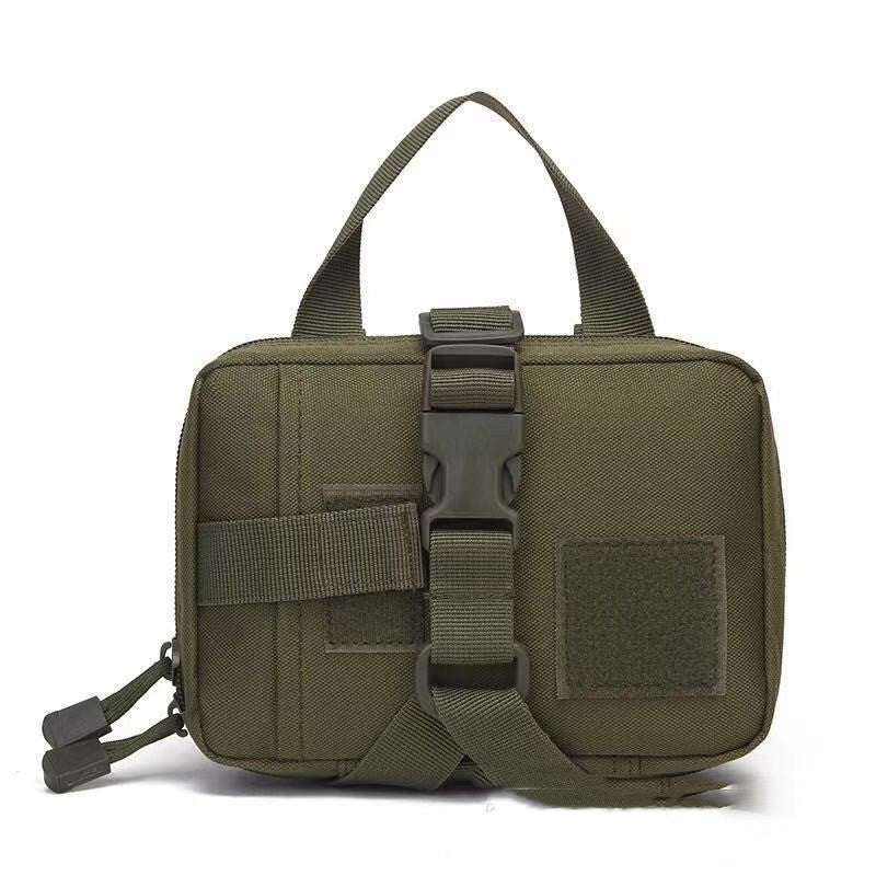 Adjustable Training Dog Harness accessory bag in olive green woven fabric with adjustable straps, buckle and patch panels