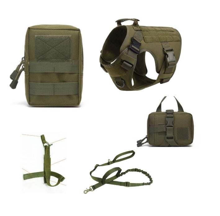 Adjustable Training Dog Harness set in olive green polyester with tactical straps, matching pouches, and a leash