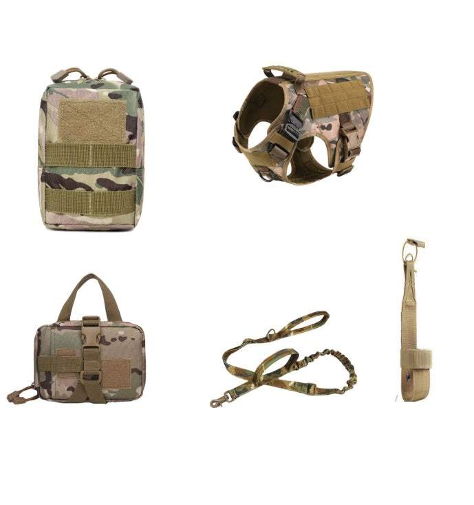 Adjustable Training Dog Harness set in tan camouflage polyester, with padded vest, utility pouches, and matching leash straps