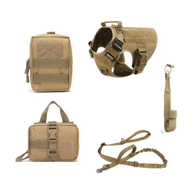 Adjustable Training Dog Harness set in tan polyester, featuring a tactical vest, pouches, adjustable straps and leash