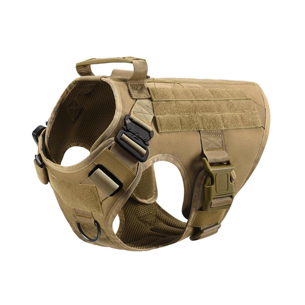 Adjustable Training Dog Harness in tan polyester with a tactical vest design, webbing panels, adjustable buckles and top handle
