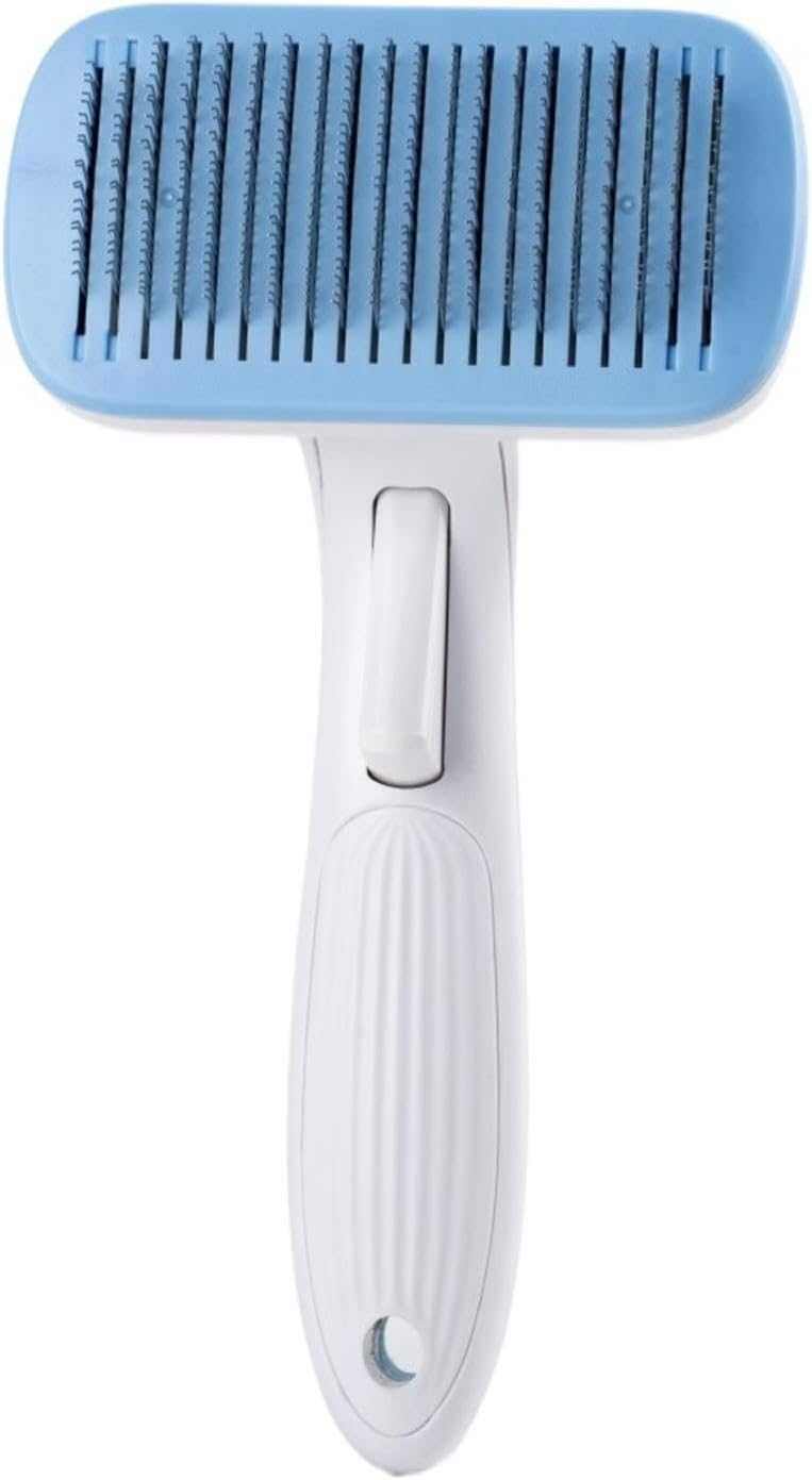 Automatic Pet Grooming Comb with a light blue rectangular brush head, dark metal bristles, and a white plastic handle