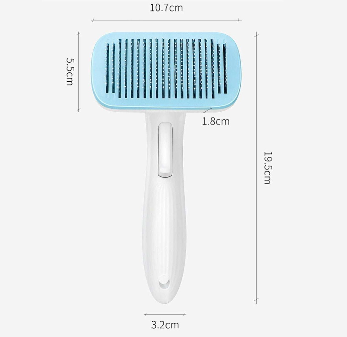 Automatic Pet Grooming Comb with a white plastic handle, light blue rectangular head, and closely spaced metal grooming pins