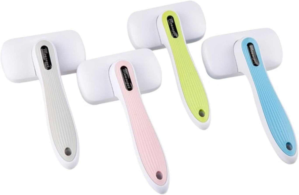 Automatic Pet Grooming Comb with white rectangular heads and ribbed handles in white, pink, lime green and blue