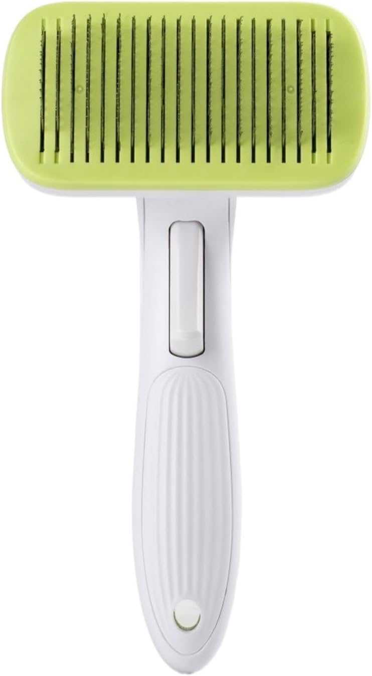 Automatic Pet Grooming Comb with a lime-green rectangular head, black metal teeth and a white ridged handle