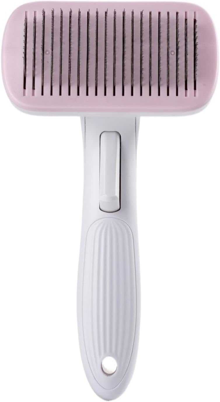 Automatic Pet Grooming Comb with a pale pink rectangular head, fine metal bristles, and a white ridged handle