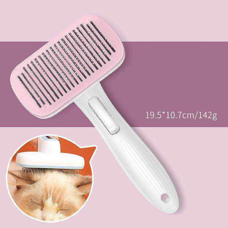 Automatic Pet Grooming Comb with a pink metal pin head, white plastic handle and integrated button for easy coat grooming