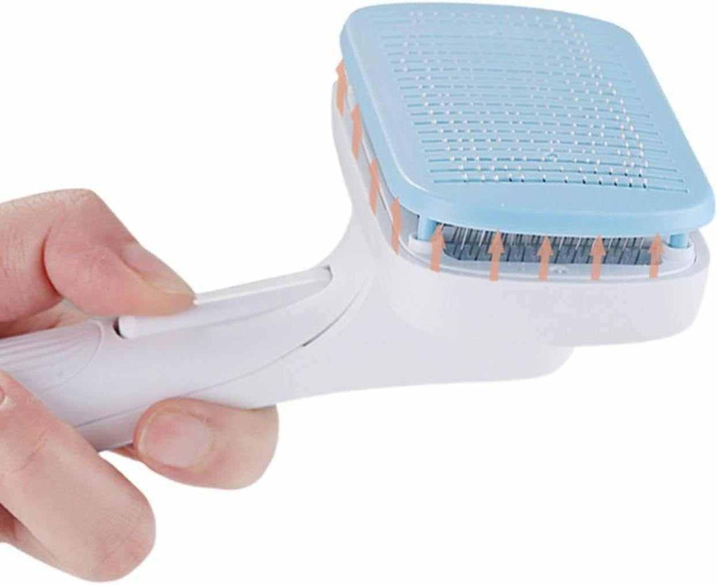 Automatic Pet Grooming Comb with a white handle and light blue rectangular brush head featuring fine metal bristles