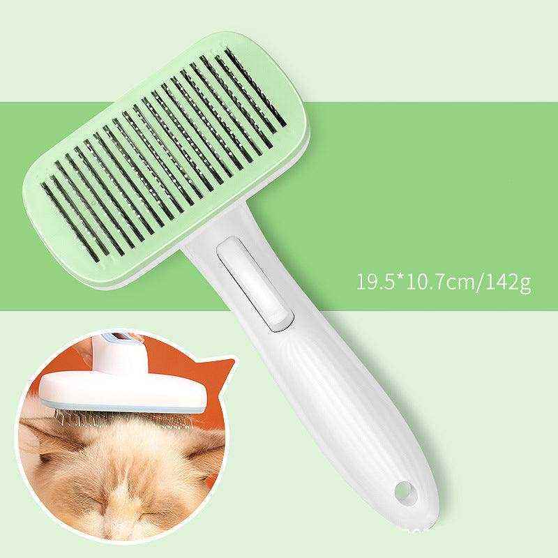 Automatic Pet Grooming Comb with a white handle, mint-green rectangular head and rows of metal grooming pins