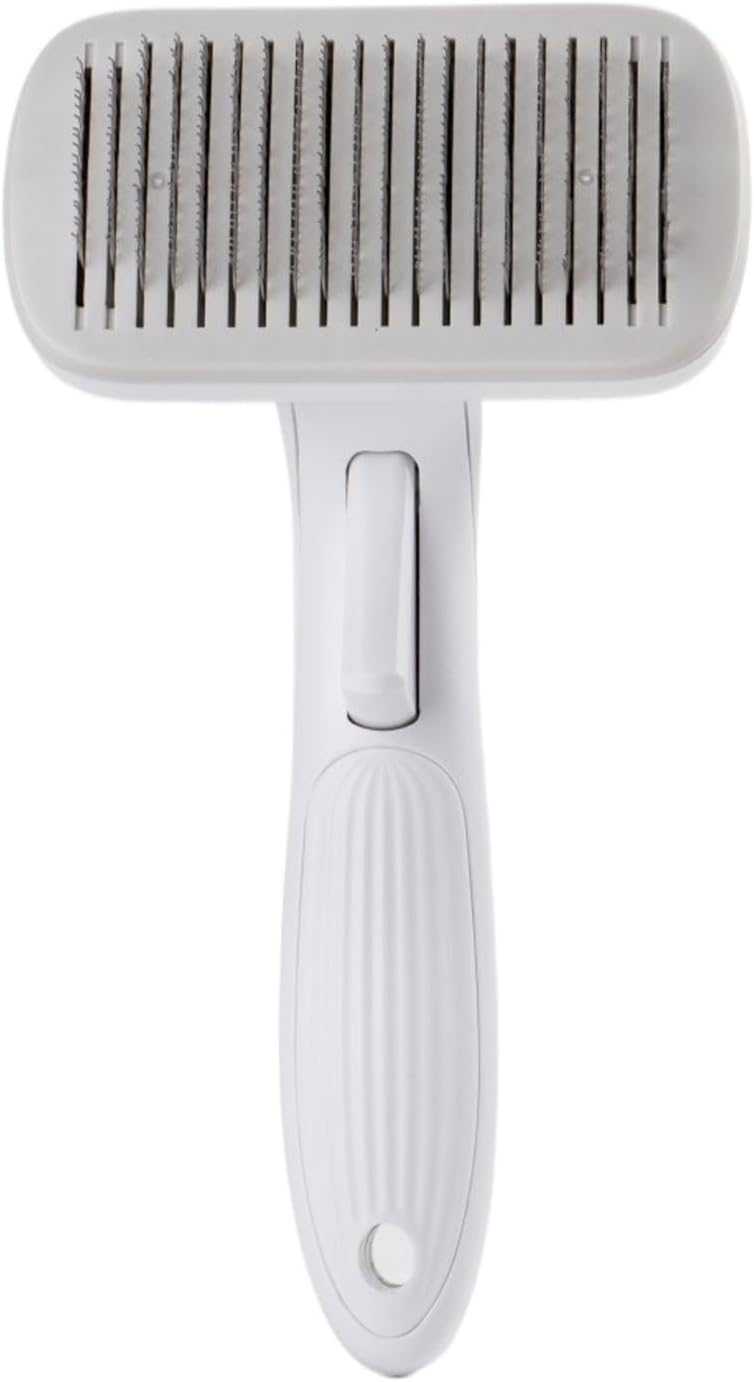 Automatic Pet Grooming Comb with a white plastic handle and broad rectangular head lined with fine metal pins