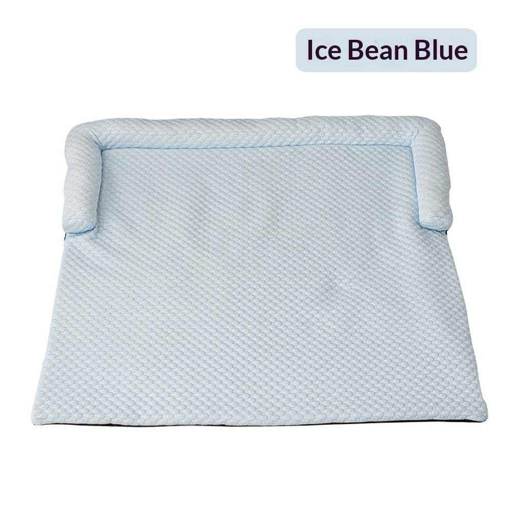 Bed Pet Cooling Mat in pale Ice Bean Blue fabric with a textured surface and raised cushioned sides
