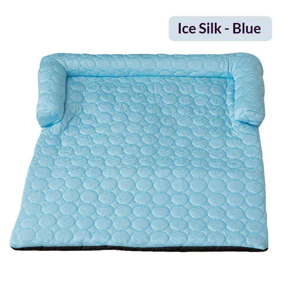 Bed Pet Cooling Mat in ice silk blue with a raised cushioned border and repeating circular quilted pattern