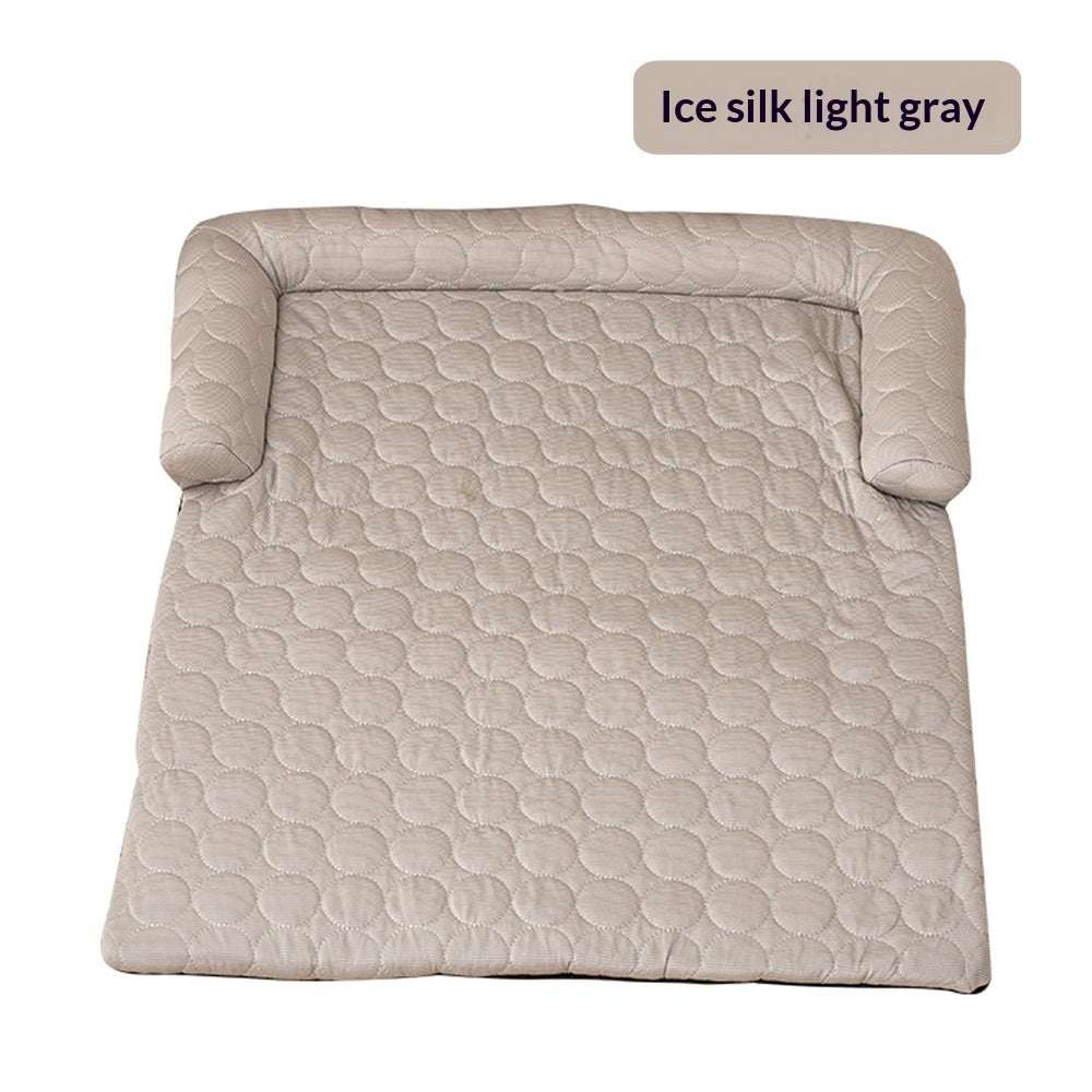 Bed Pet Cooling Mat in light gray ice silk fabric with quilted circular texture and raised cushioned sides