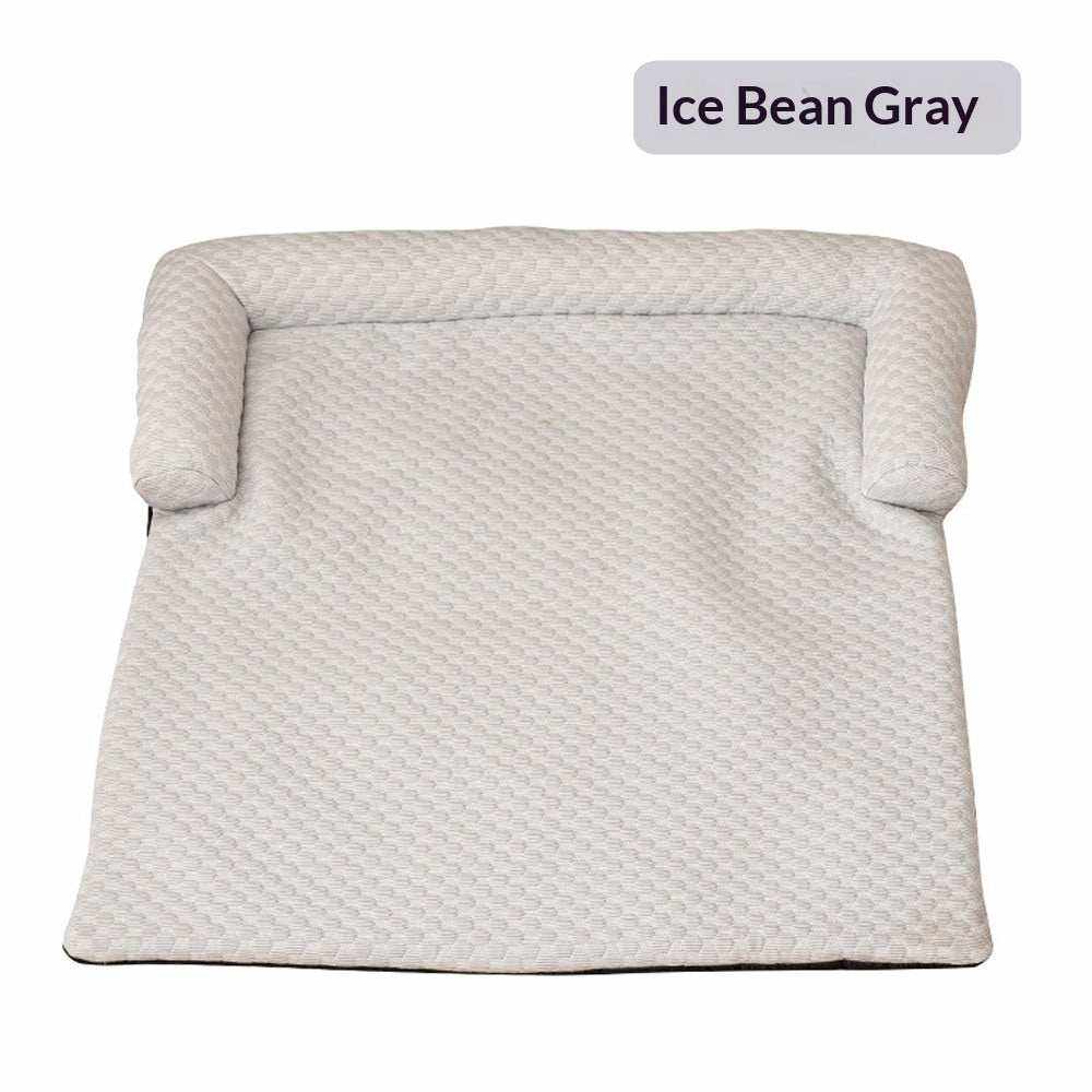 Bed Pet Cooling Mat in light gray with a subtle textured pattern and raised padded bolster sides