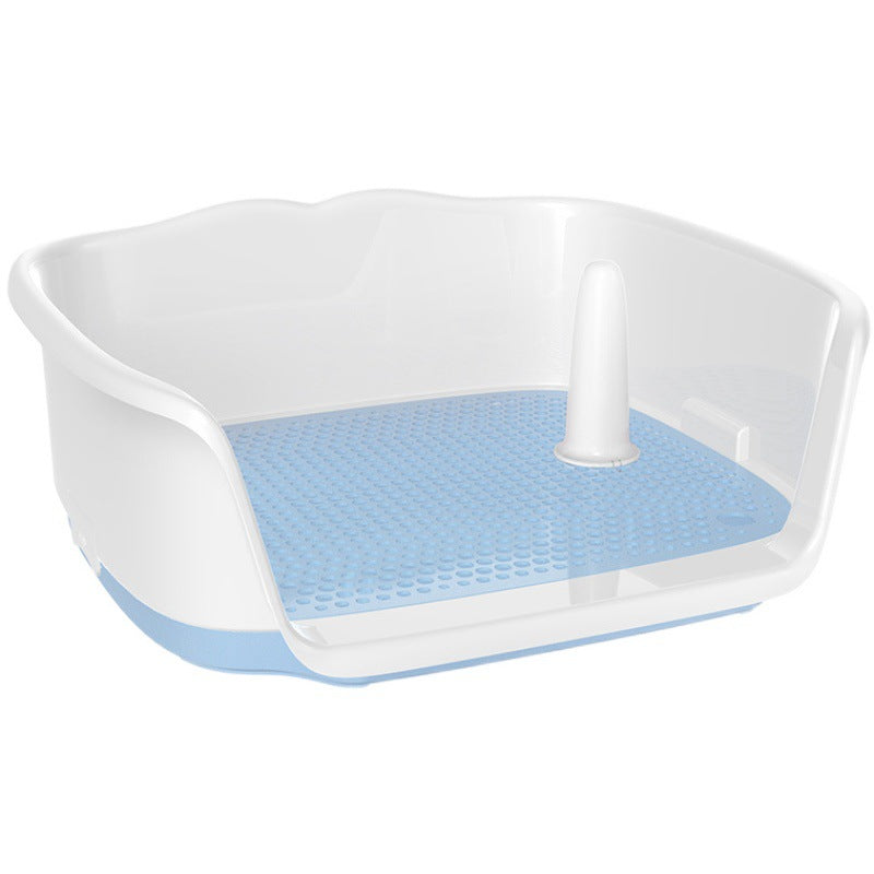 Dog Toilet Bedpan with white plastic raised sides, a light blue perforated grid floor, and removable upright post