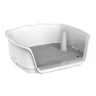 Dog Toilet Bedpan in white and grey plastic, with raised side walls, a perforated grid floor and upright post