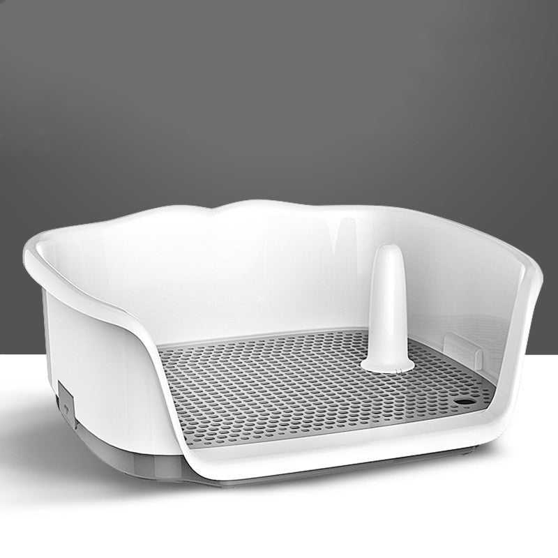 Dog Toilet Bedpan in white plastic with raised sides, perforated removable grid and central upright post