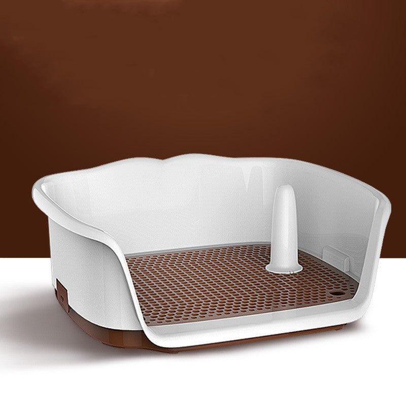 Dog Toilet Bedpan with a white raised-edge plastic tray, brown gridded floor, and central upright post