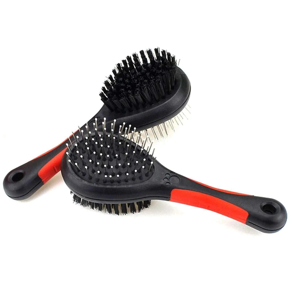 Double-Sided Pet Care Comb with black bristles, metal pins, and red-accented black handles for grooming