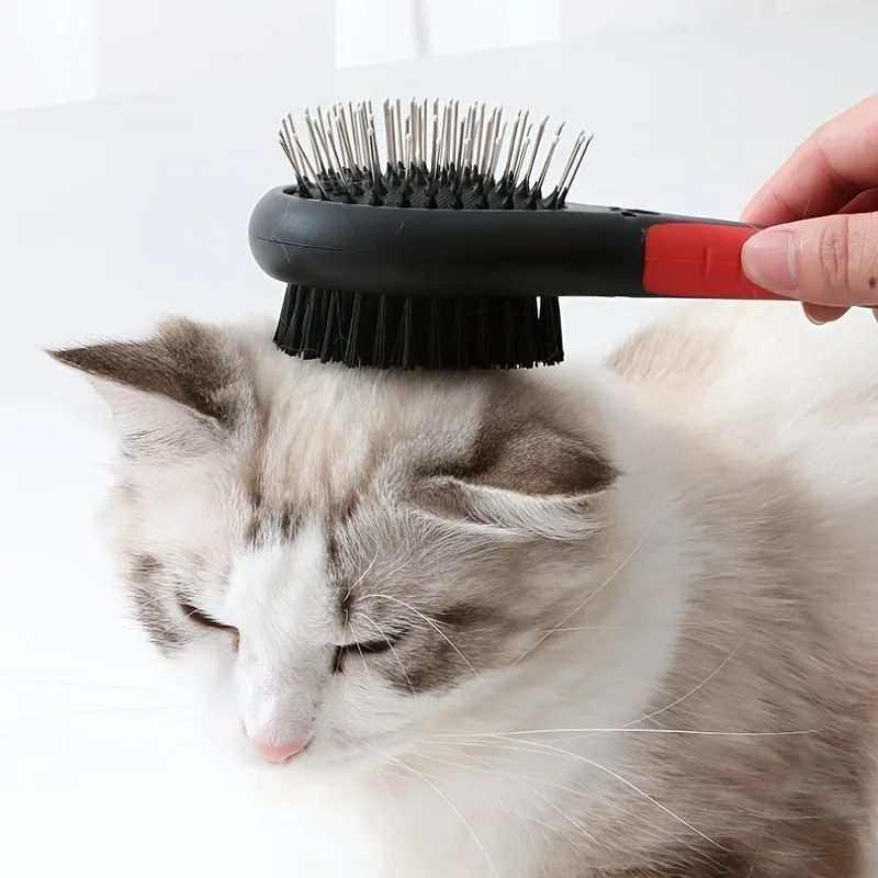 Double-Sided Pet Care Comb with a black oval head, metal pins, dense black bristles and a red handle grooming a cat