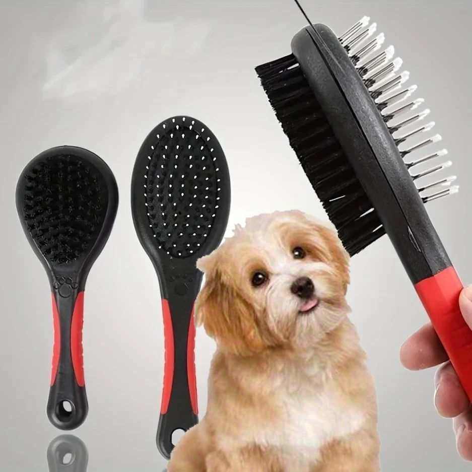 Double-Sided Pet Care Comb with a black and red handle, featuring a bristle brush on one side and metal pins on the other