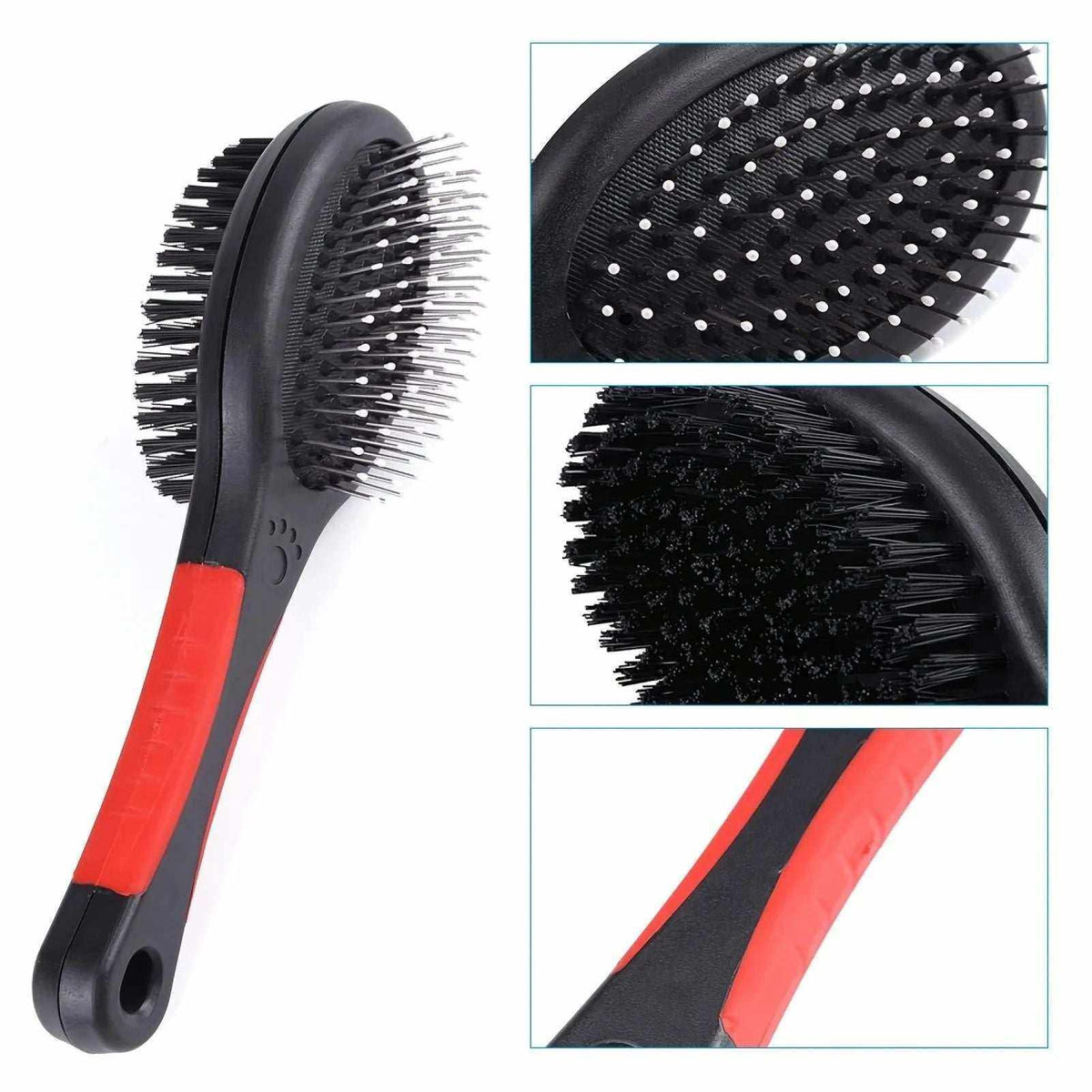 Double-Sided Pet Care Comb with a black oval head, silver-tipped pins, dense bristles and a red grip