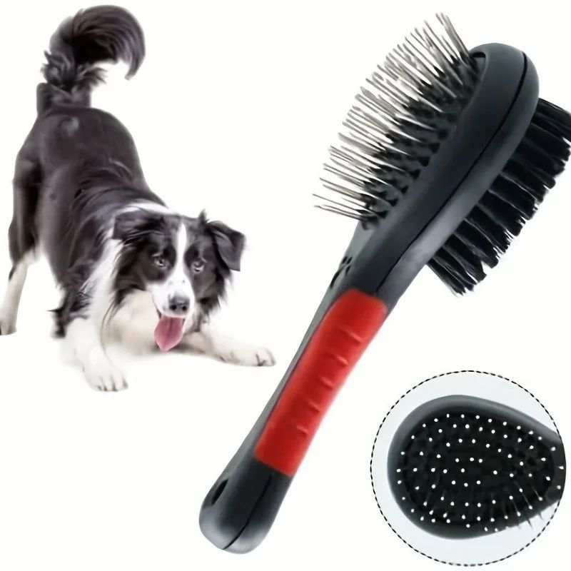 Double-Sided Pet Care Comb with a red and black handle, metal pins on one side and black bristles on the other