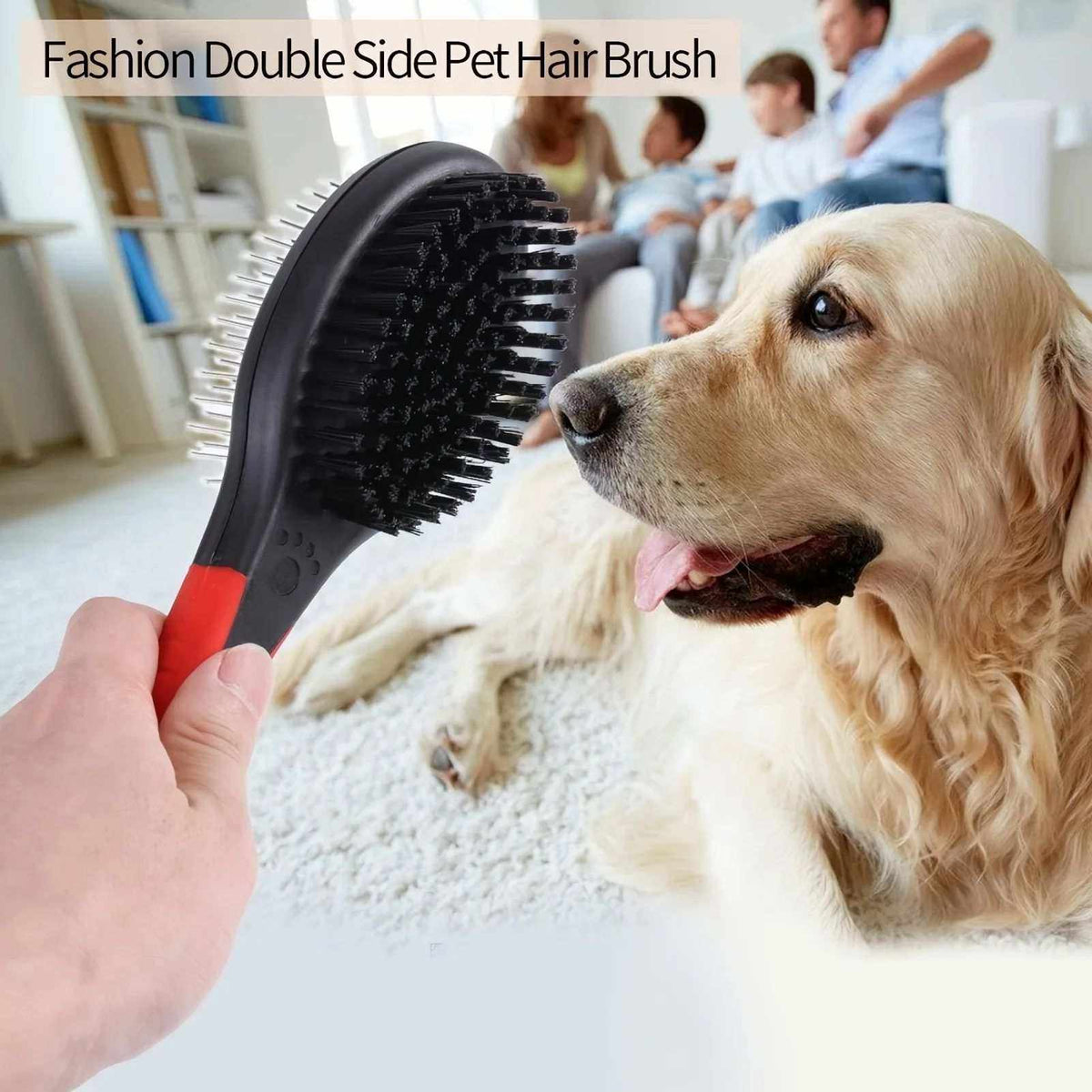 Double-Sided Pet Care Comb with a red handle and black two-sided bristle head held beside a golden dog