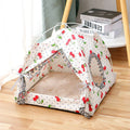 Enclosed Pet Bed in white fabric with a red cherry print, arched covered roof, mesh side windows and open front