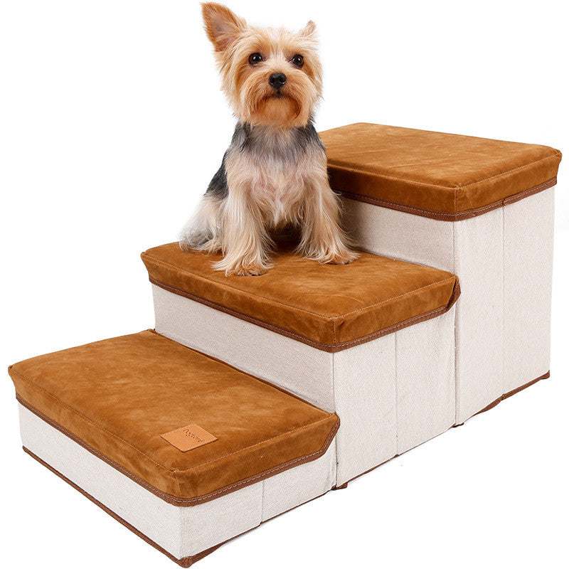 Foldable Storage Pet stairs in brown and cream fabric with three padded steps, storage compartments and a small dog seated on top