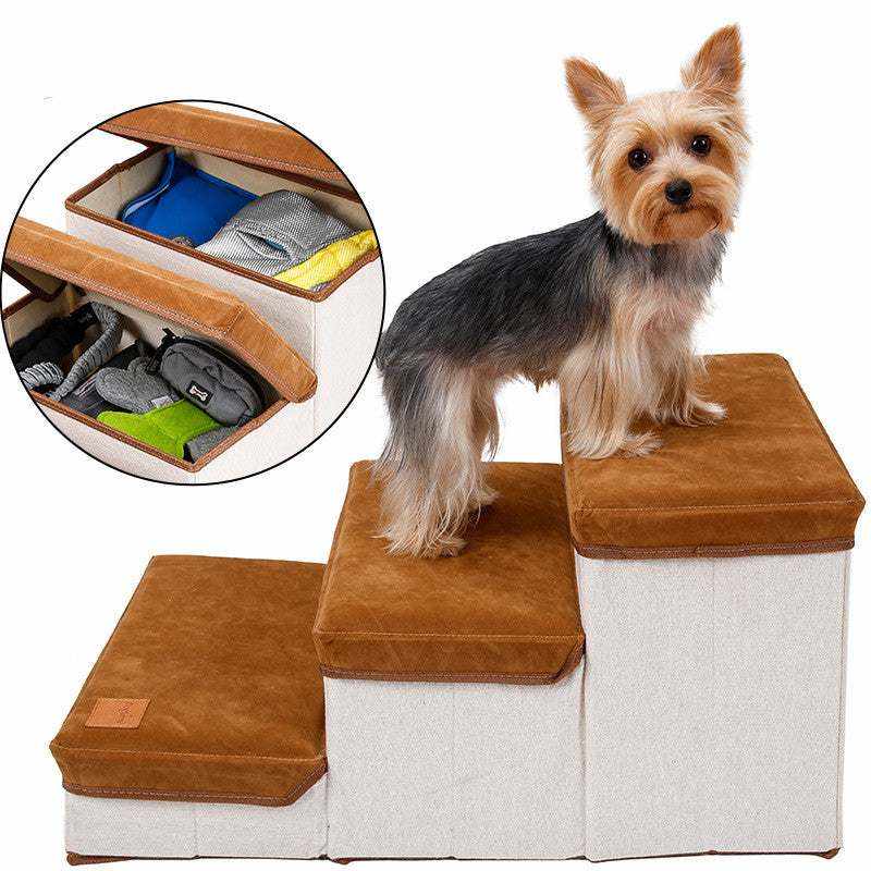 Foldable Storage Pet dog stairs with brown flannel-covered steps, cream fabric storage compartments and a small dog standing on top
