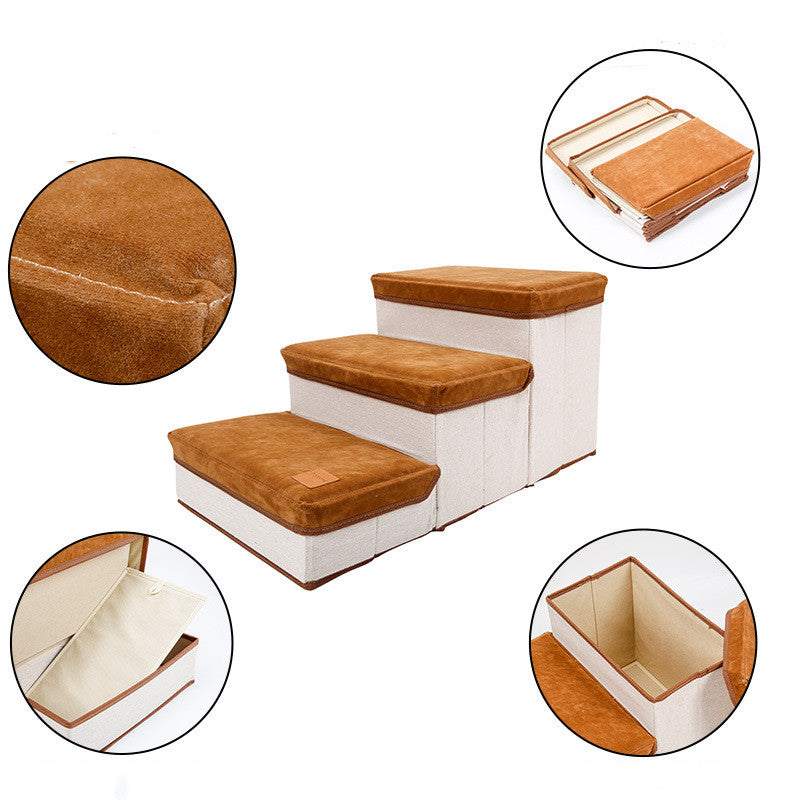 Foldable Storage Pet stairs with brown flannel padded tops, cream fabric sides, and foldable storage compartments beneath each step