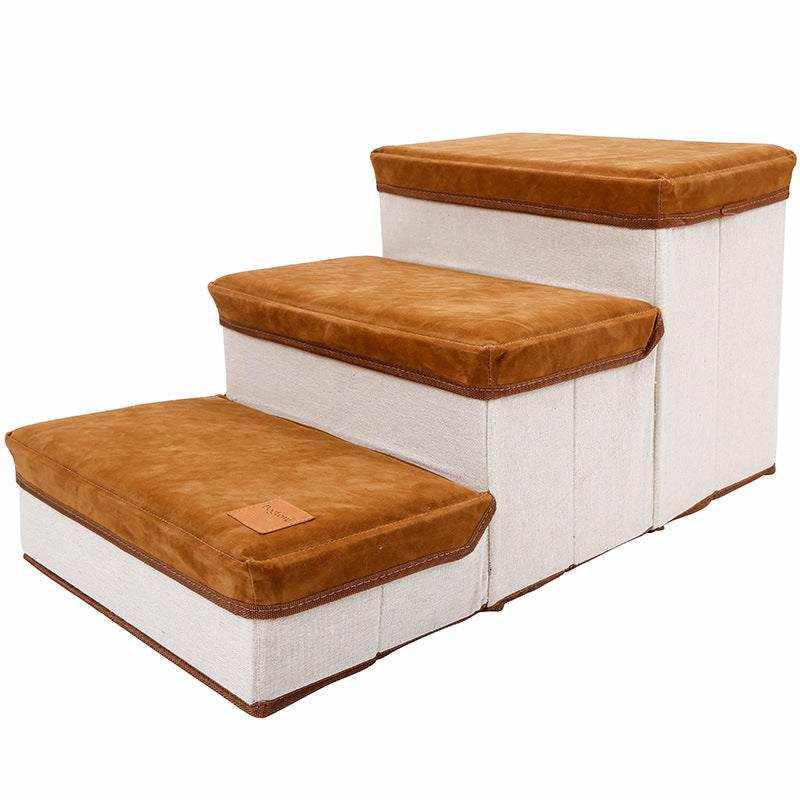 Foldable Storage Pet stairs with three brown plush flannel steps and light beige fabric storage compartments