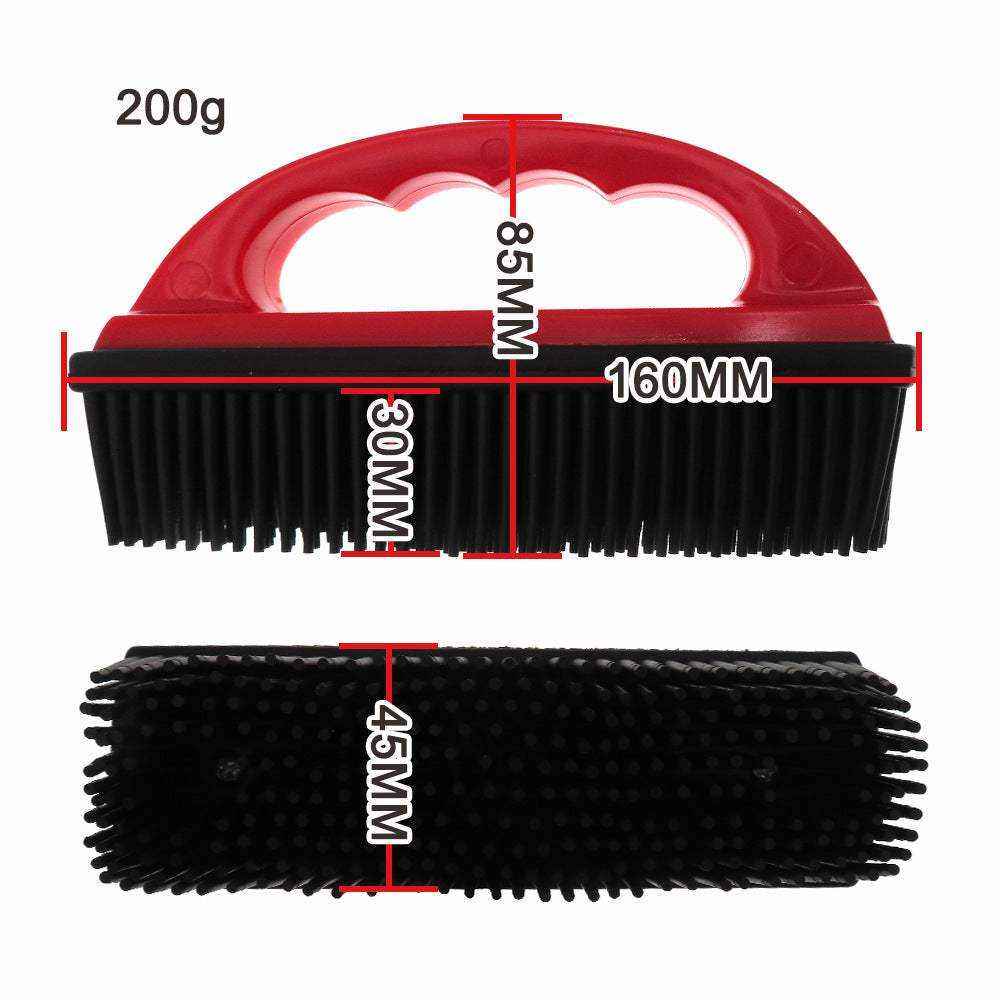 Multifunctional Pet Grooming Brush with a red arched handle and dense black bristles, measuring 160 by 85 mm