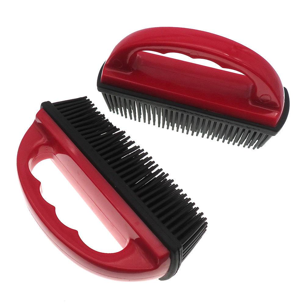 Multifunctional Pet Grooming Brush in glossy red plastic with dense black bristles and an ergonomic hand grip