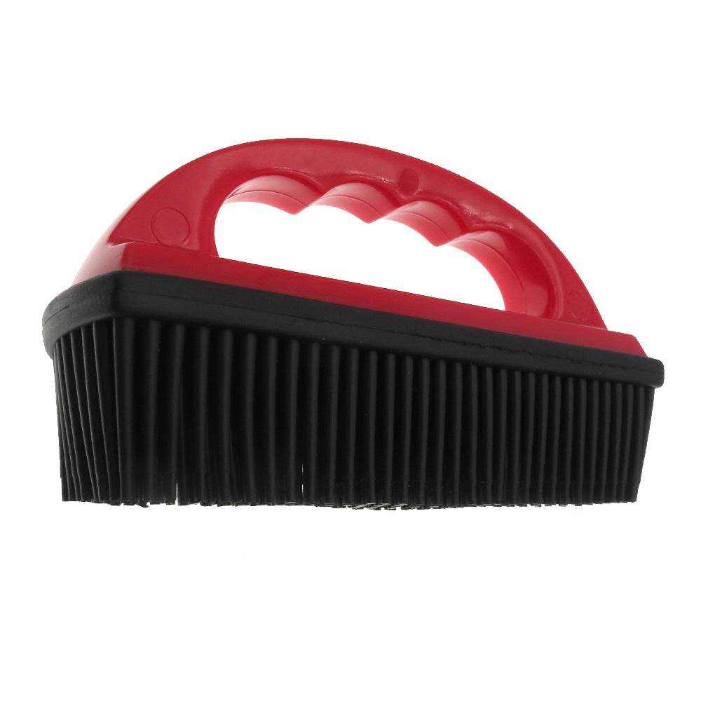 Multifunctional Pet Grooming Brush with a red curved handle and dense black bristles for removing pet hair