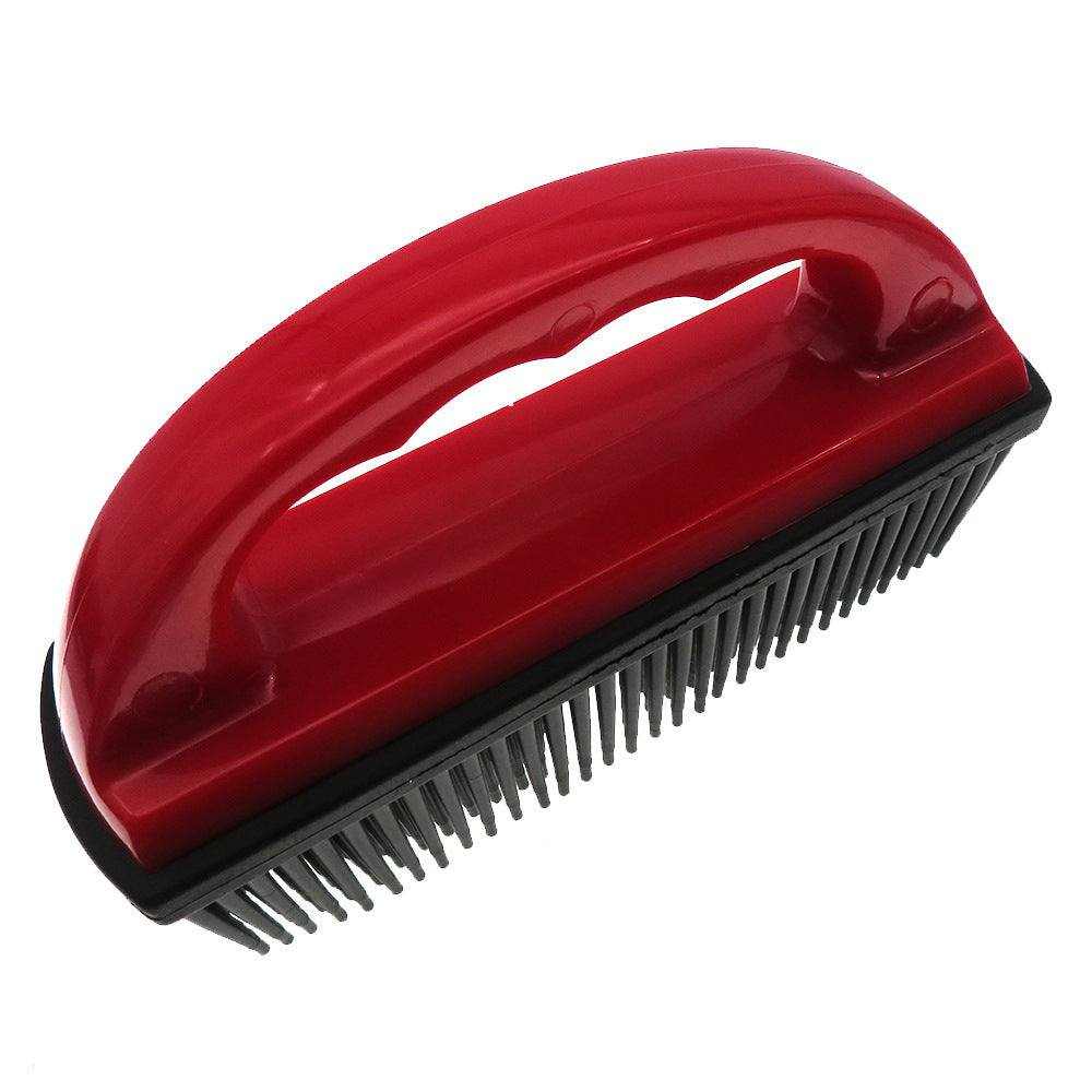 Multifunctional Pet Grooming Brush with a glossy red plastic handle and dense black grooming teeth for removing pet hair