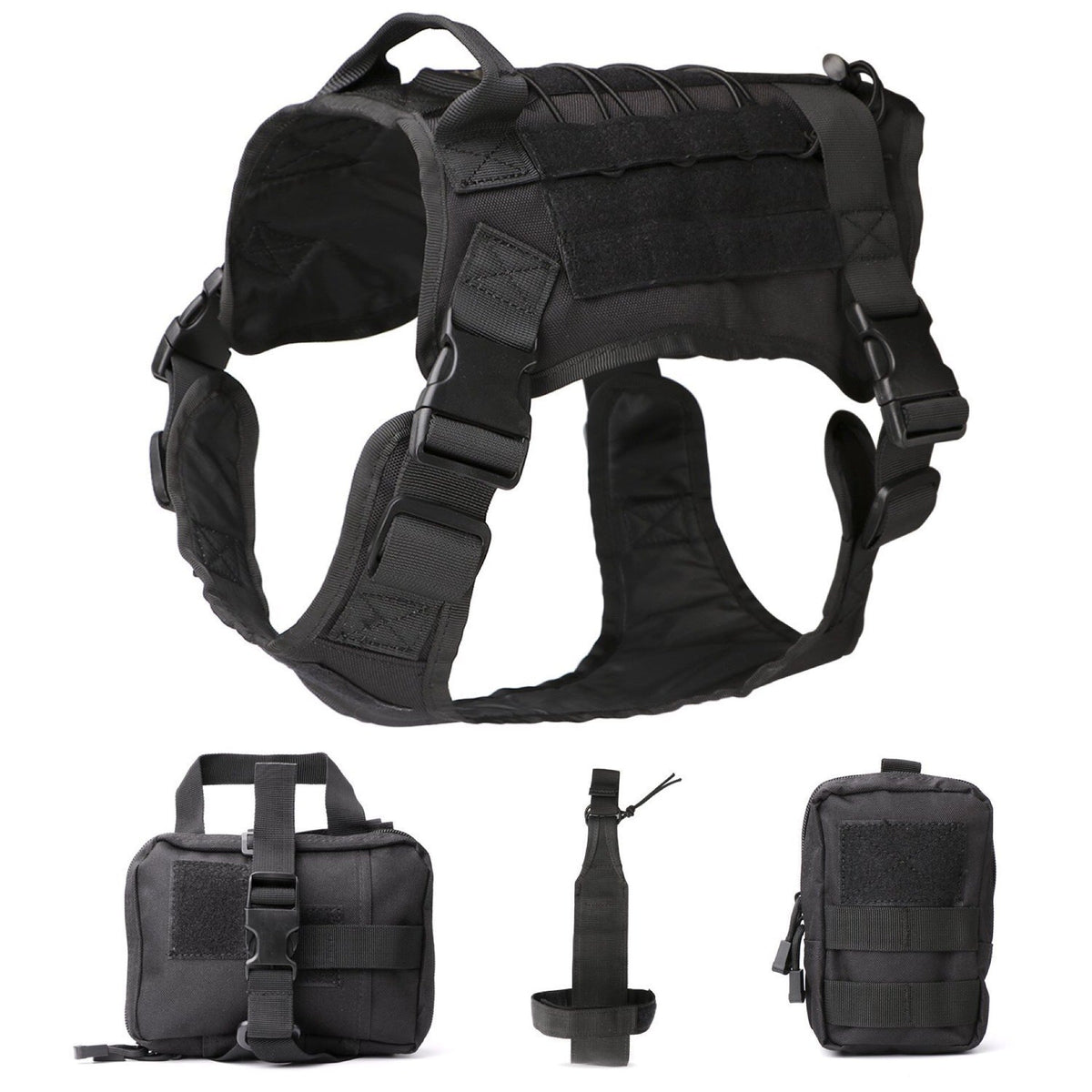 Outdoor Dog Vest in black durable fabric with adjustable straps, buckles, and matching detachable utility pouches