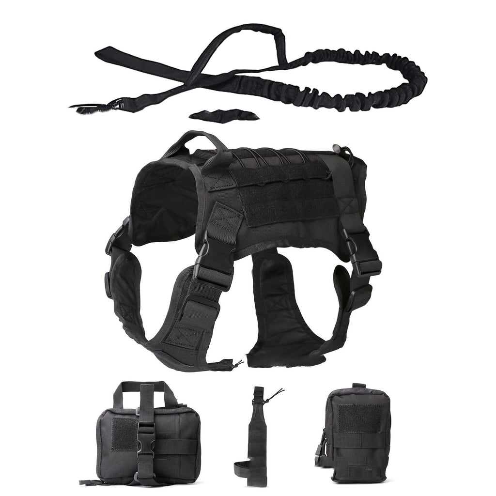 Outdoor Dog Vest in black rugged fabric with adjustable straps, padded chest panel, and detachable side utility pouches