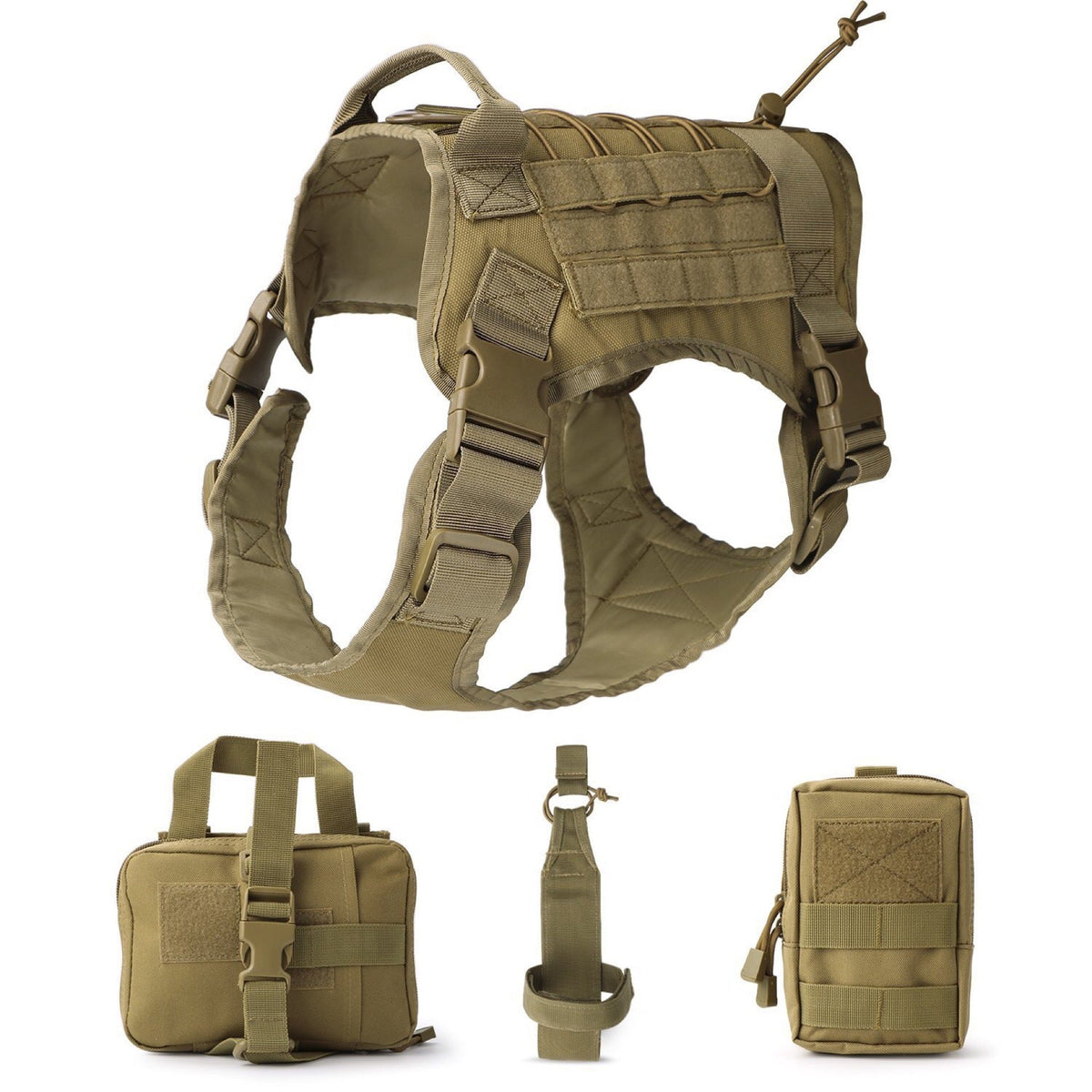 Outdoor Dog Vest in olive drab fabric with adjustable webbing straps, padded panels, and matching detachable utility pouches.