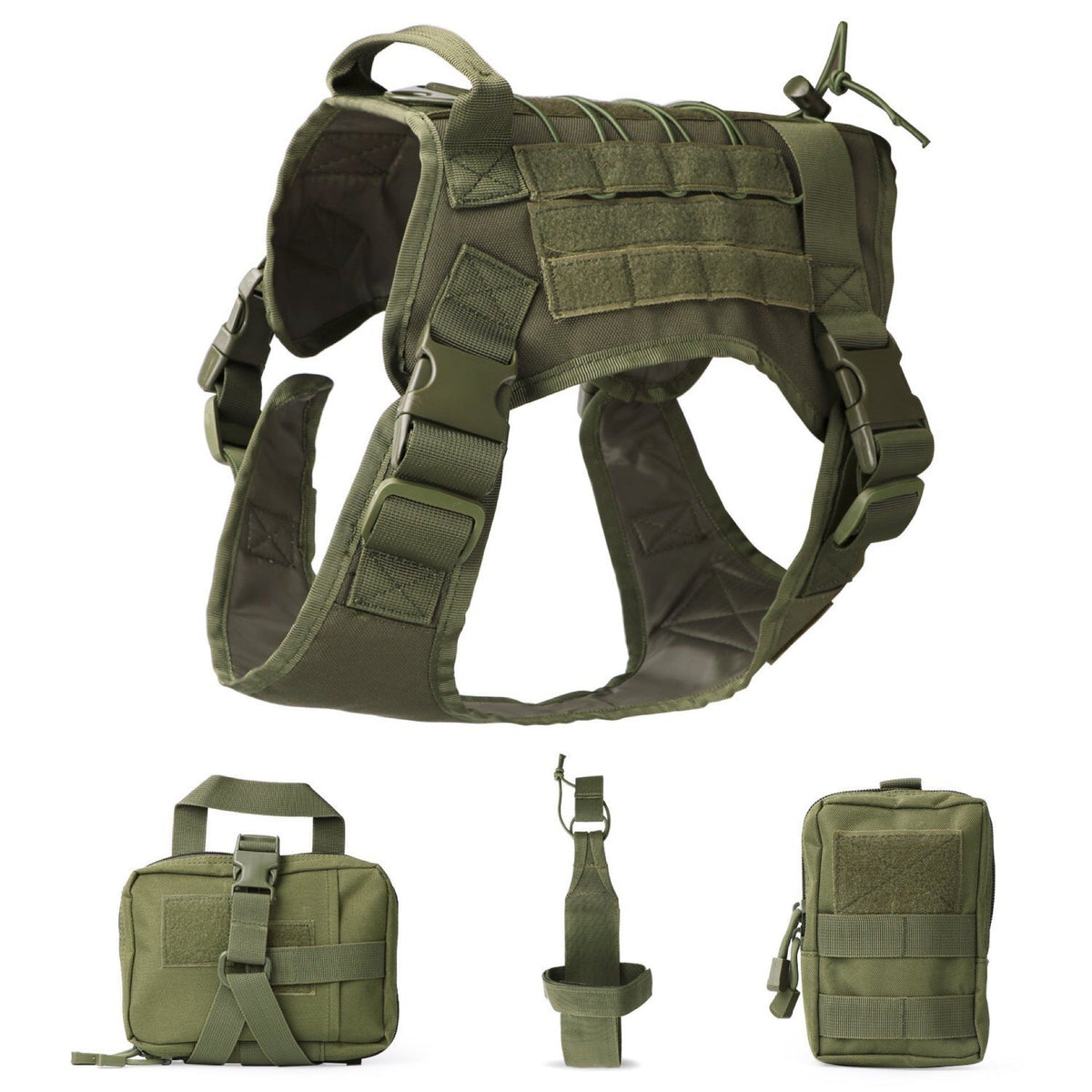 Outdoor Dog Vest in olive green durable fabric with adjustable straps, webbing, hook-and-loop panels and matching utility pouches