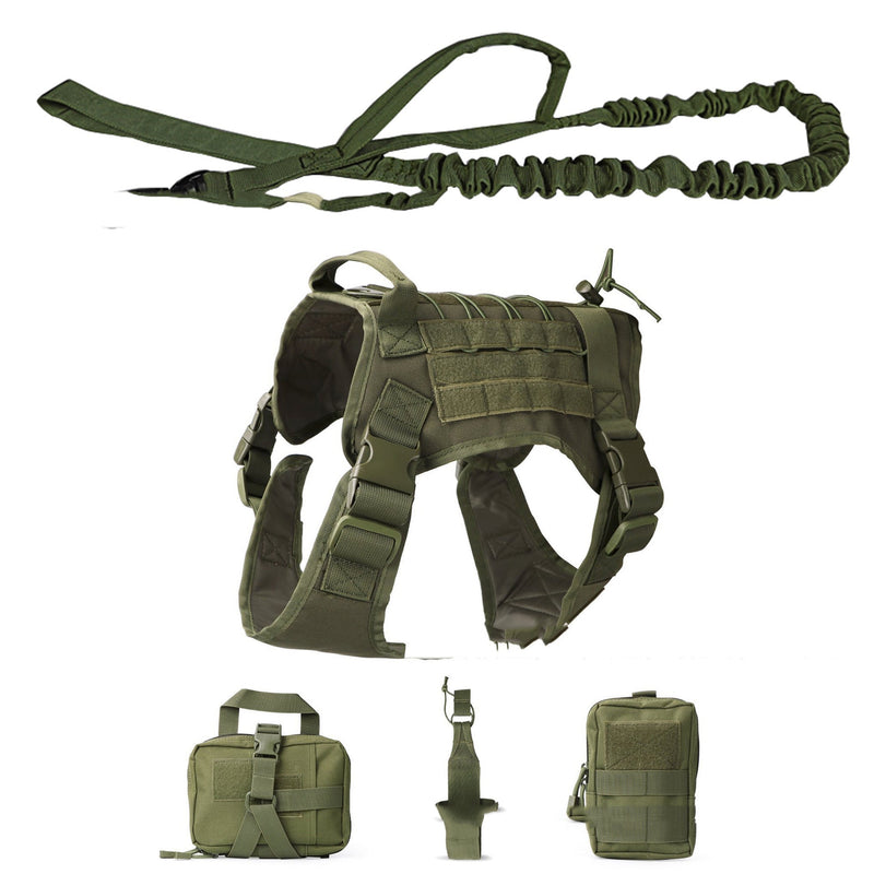 Outdoor Dog Vest in olive green tactical fabric with MOLLE webbing, adjustable straps, top handle and bungee leash