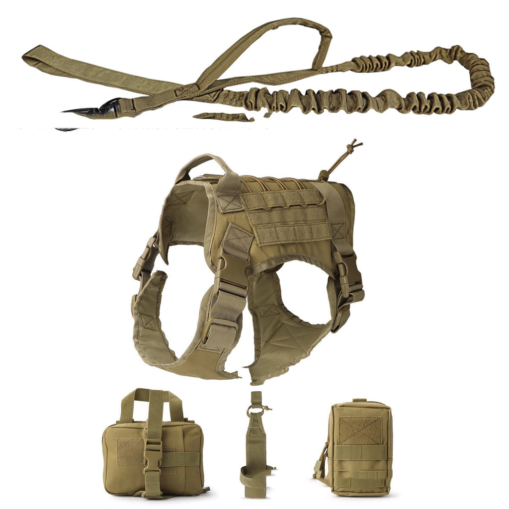 Outdoor Dog Vest in olive drab fabric with MOLLE webbing, adjustable straps, and a matching coiled leash and pouches